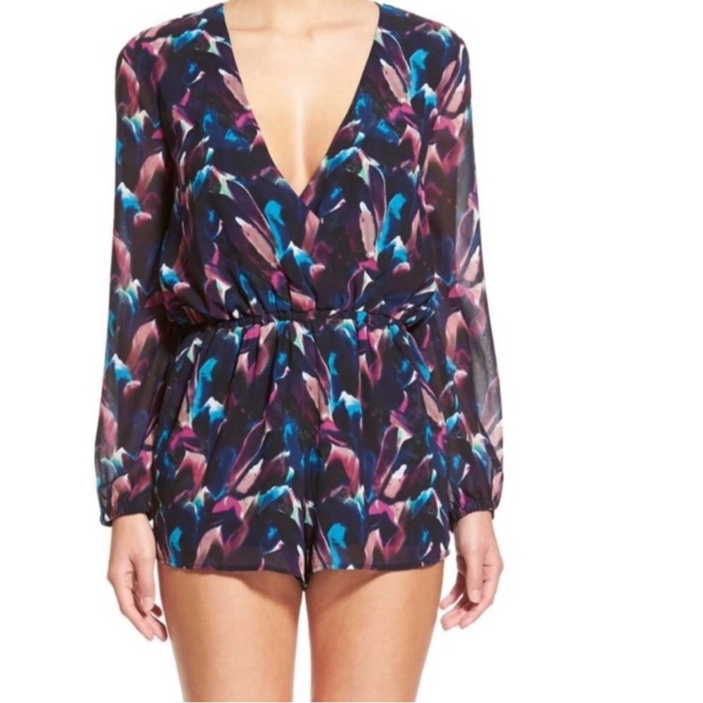 Luca Couture Watercolor Low Cut Sheer Arm Romper